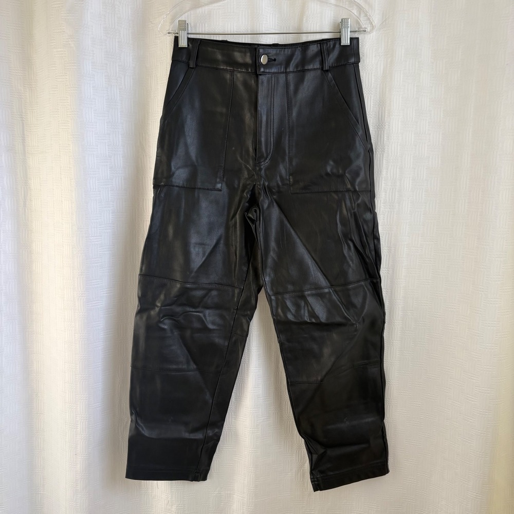 Monki Black Vegan Faux Leather High Waisted Barel Leg Pants Womens Size 36